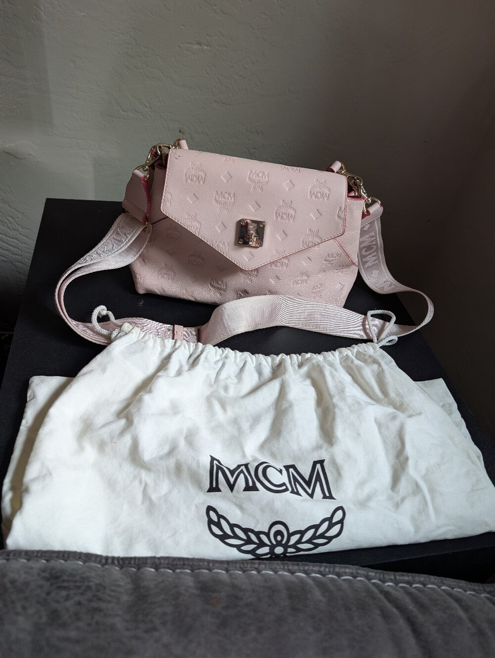 MCM Pink Sarah Monogrammed Leather Satchel Crossbody Shoulder Bag Purse
